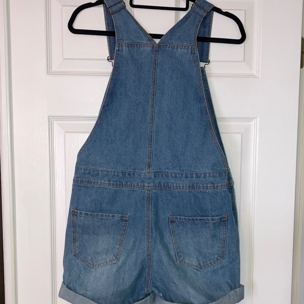 Denim Short Overalls - Blue Distressed Women's Jeans - Picture 6 of 11